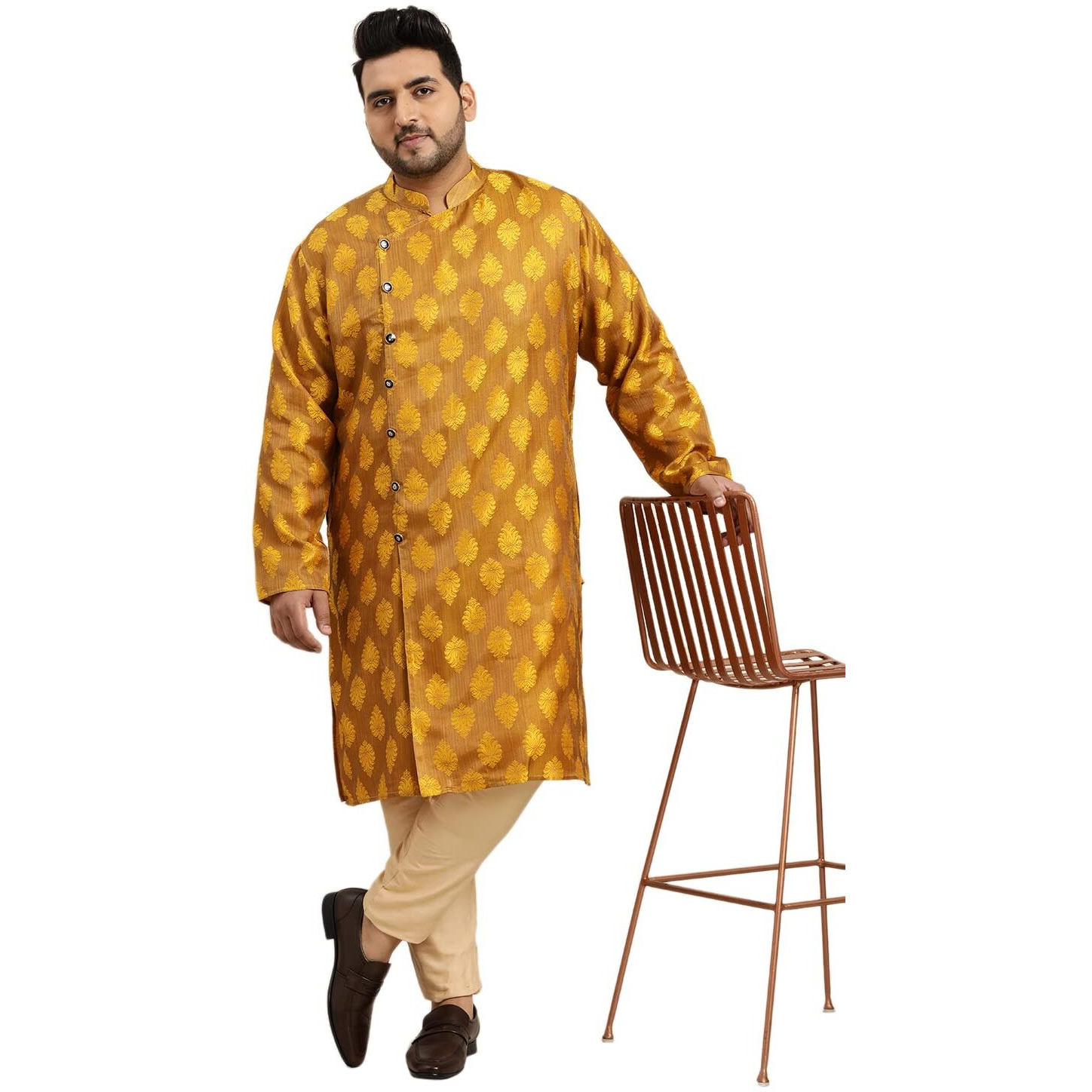 Sojanya Plus (Since 1958) Men's Jacquard Silk Mustard Self Design Only Long Kurta Size 50