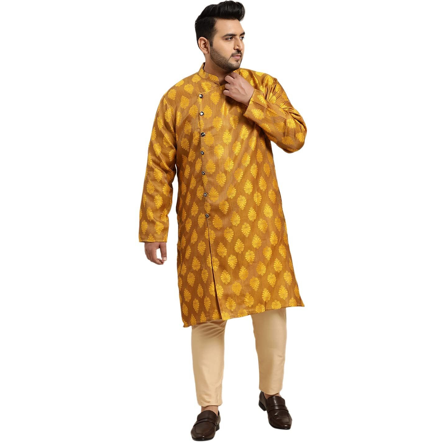 Sojanya Plus (Since 1958) Men's Jacquard Silk Mustard Self Design Only Long Kurta Size 50