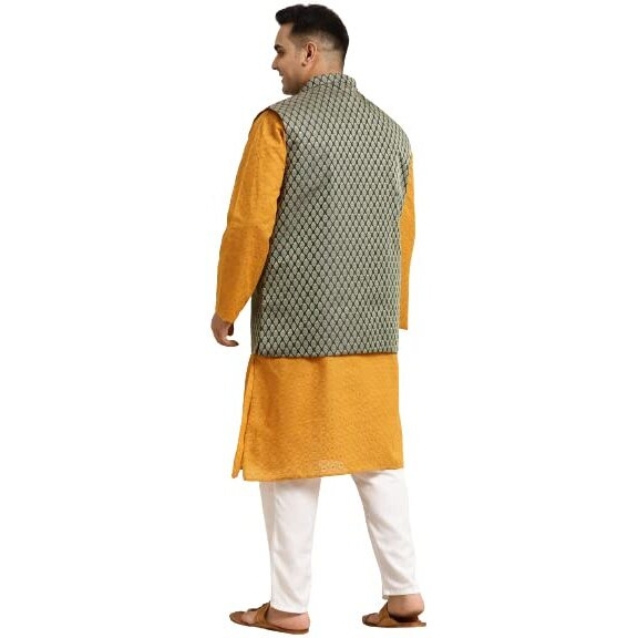 Sojanya (Since 1958 Men's Pure Cotton Mustard Chikankari Kurta & Dark Green Nehrujacket With White Churidar Pyjama Set Size-5Xl
