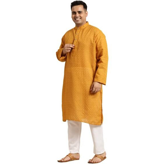 Sojanya (Since 1958 Men's Pure Cotton Mustard Chikankari Kurta & Dark Green Nehrujacket With White Churidar Pyjama Set Size-5Xl
