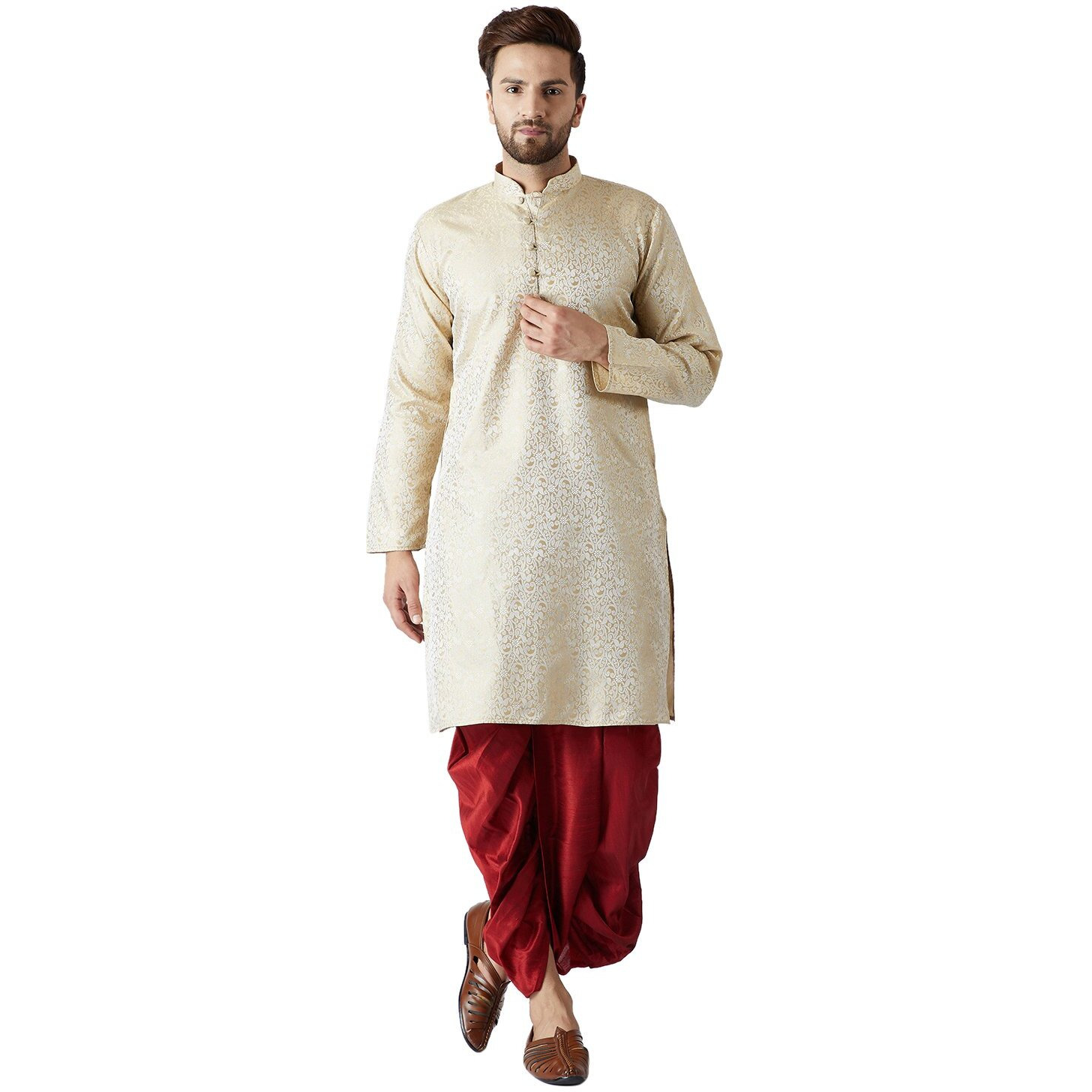 Sojanya (Since 1958, Men's Gold & Maroon Silk Blend Kurta & Dhoti Set, Size M
