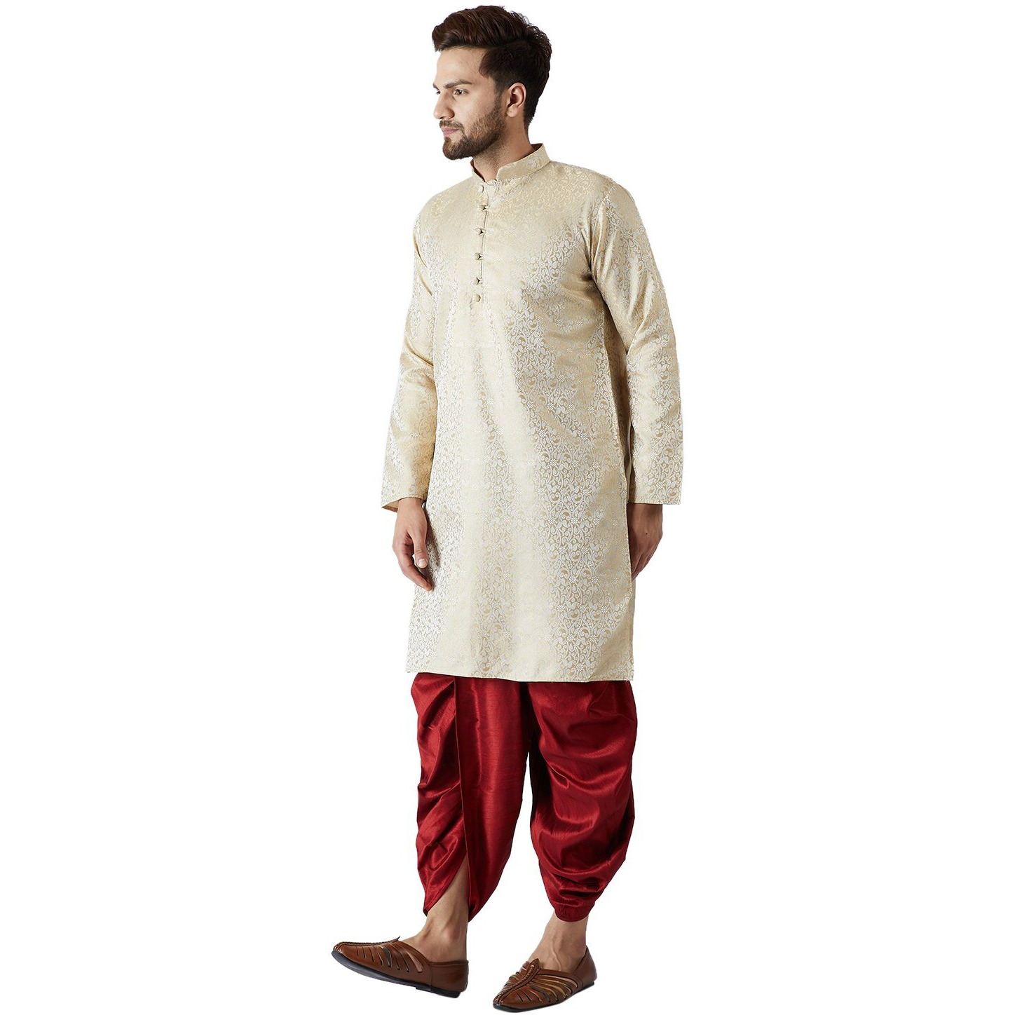 Sojanya (Since 1958, Men's Gold & Maroon Silk Blend Kurta & Dhoti Set, Size M