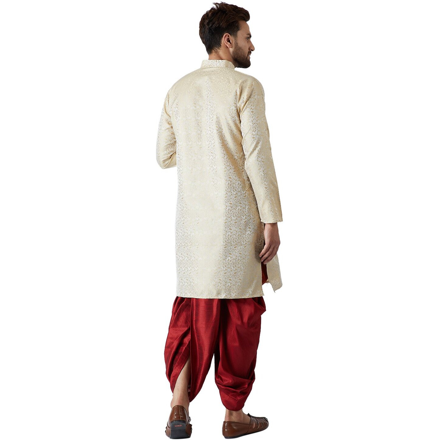 Sojanya (Since 1958, Men's Gold & Maroon Silk Blend Kurta & Dhoti Set, Size M
