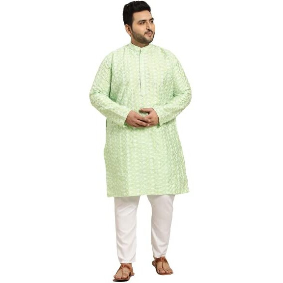 Sojanya Plus (Since 1958) Men's Silk Blend Sea Green Embroidered Kurta & White Churidar Pyjama Set Size-4Xl