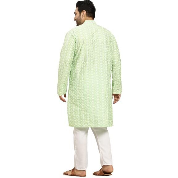 Sojanya Plus (Since 1958) Men's Silk Blend Sea Green Embroidered Kurta & White Churidar Pyjama Set Size-4Xl