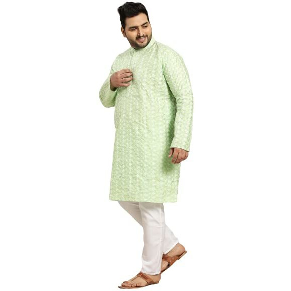 Sojanya Plus (Since 1958) Men's Silk Blend Sea Green Embroidered Kurta & White Churidar Pyjama Set Size-4Xl