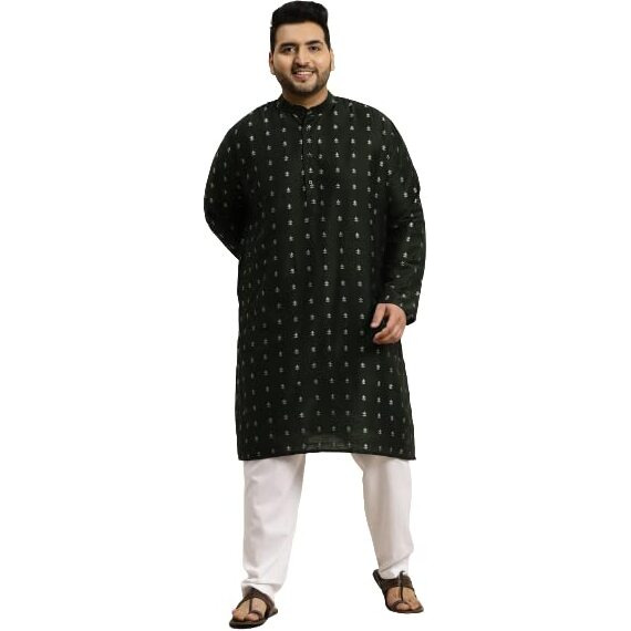 Sojanya Plus (Since 1958) Men's Cotton Blend Dark Green & Silver Self Design Only Long Kurta -Size 52