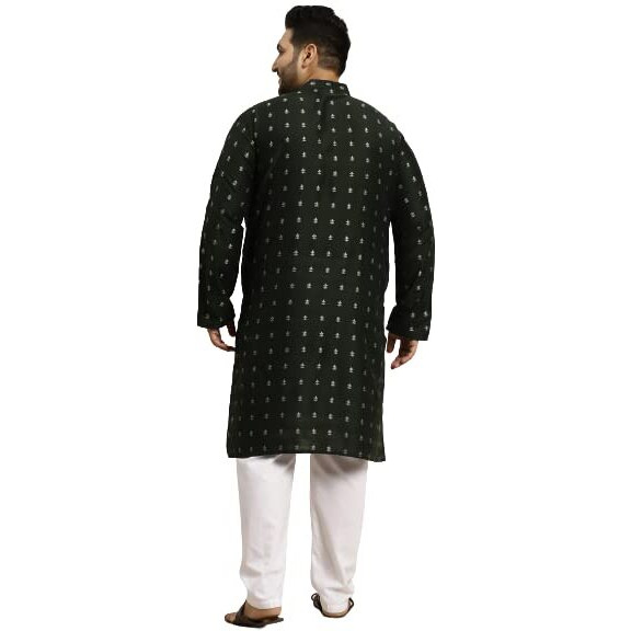 Sojanya Plus (Since 1958) Men's Cotton Blend Dark Green & Silver Self Design Only Long Kurta -Size 52