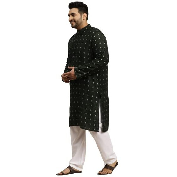 Sojanya Plus (Since 1958) Men's Cotton Blend Dark Green & Silver Self Design Only Long Kurta -Size 52