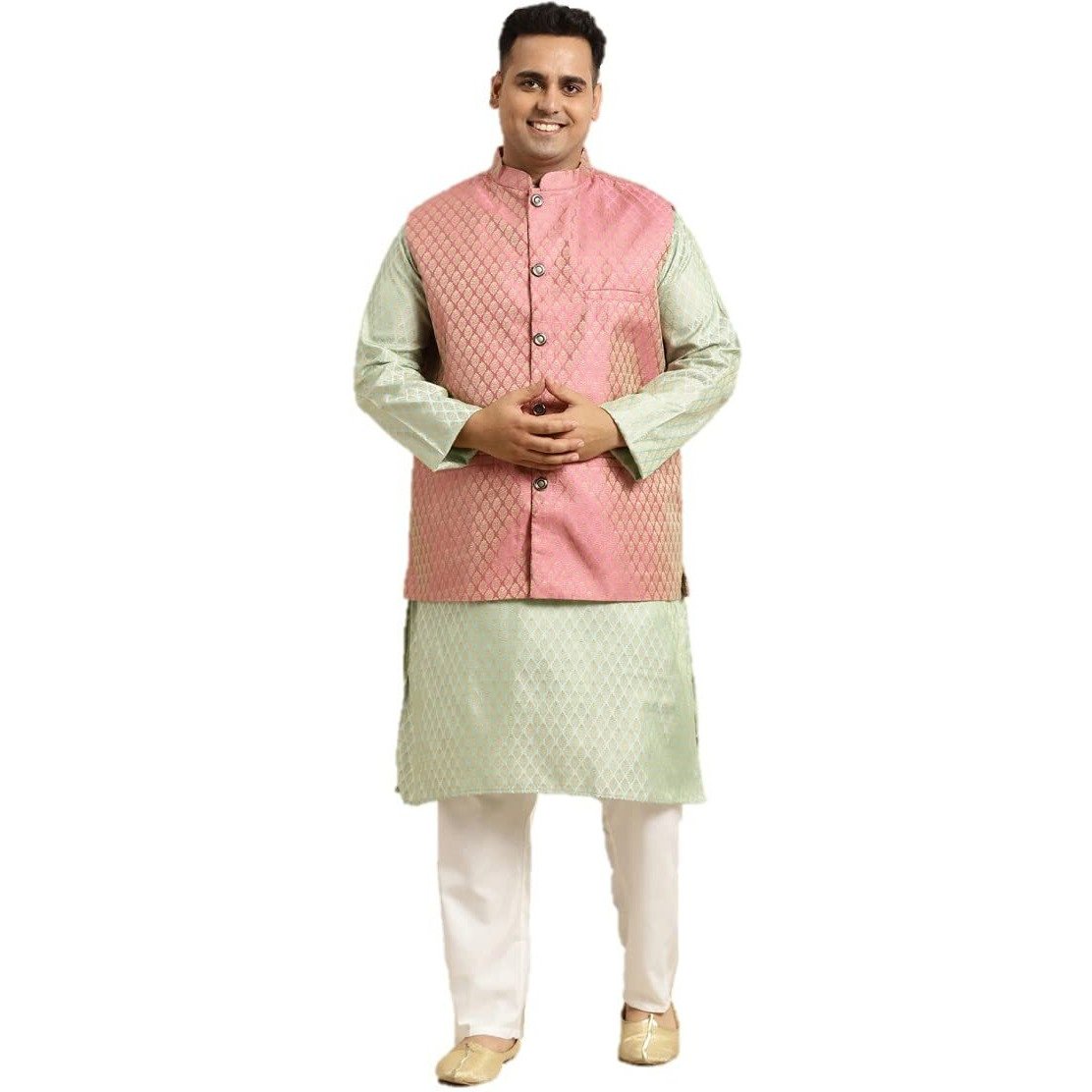 Sojanya (Since 1958 Men's Silk Blend Green Self Design Kurta & Pink Nehrujacket With Off-White Churidar Pyjama Set Size-4Xl
