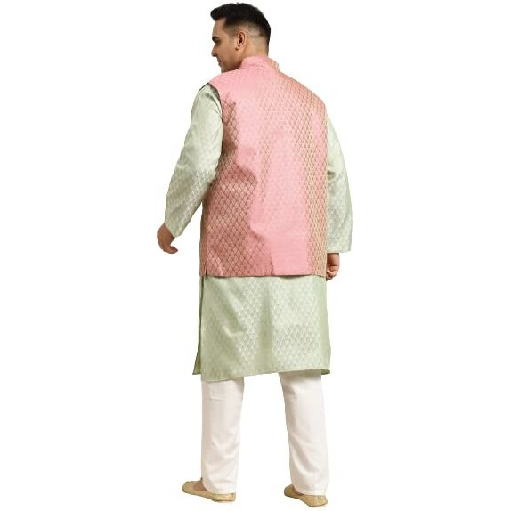 Sojanya (Since 1958 Men's Silk Blend Green Self Design Kurta & Pink Nehrujacket With Off-White Churidar Pyjama Set Size-4Xl