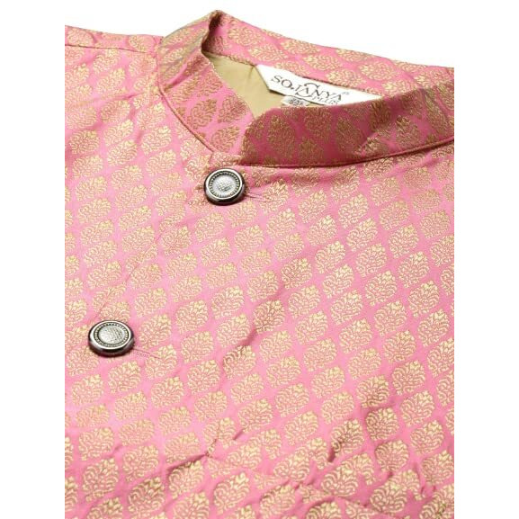 Sojanya (Since 1958 Men's Silk Blend Green Self Design Kurta & Pink Nehrujacket With Off-White Churidar Pyjama Set Size-4Xl