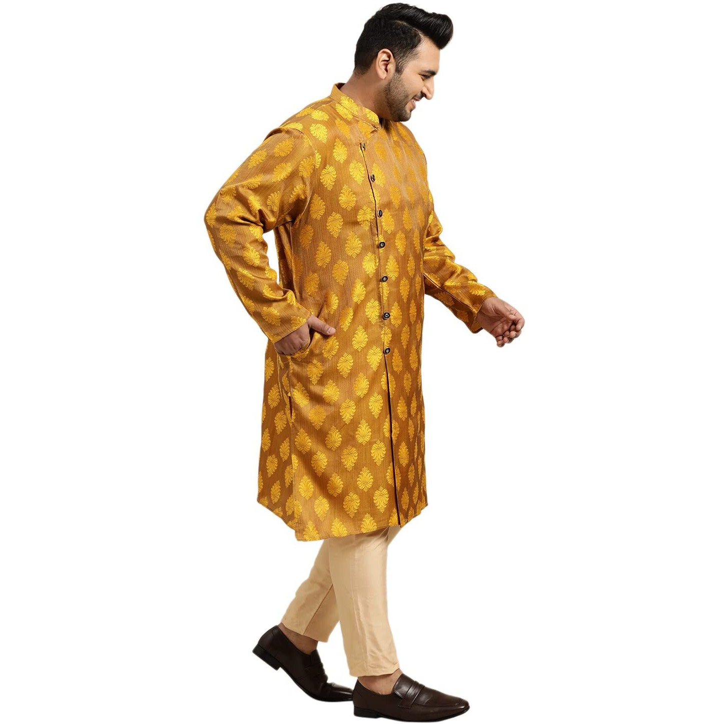 Sojanya Plus (Since 1958) Men's Jacquard Silk Mustard Self Design Only Long Kurta Size 54