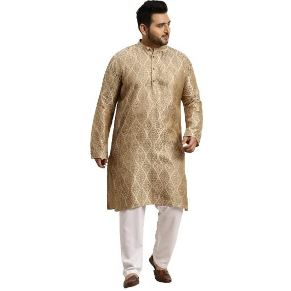 Sojanya Plus (Since 1958) Men's Jacquard Silk Beige & Gold Only Long Kurta-Size 54