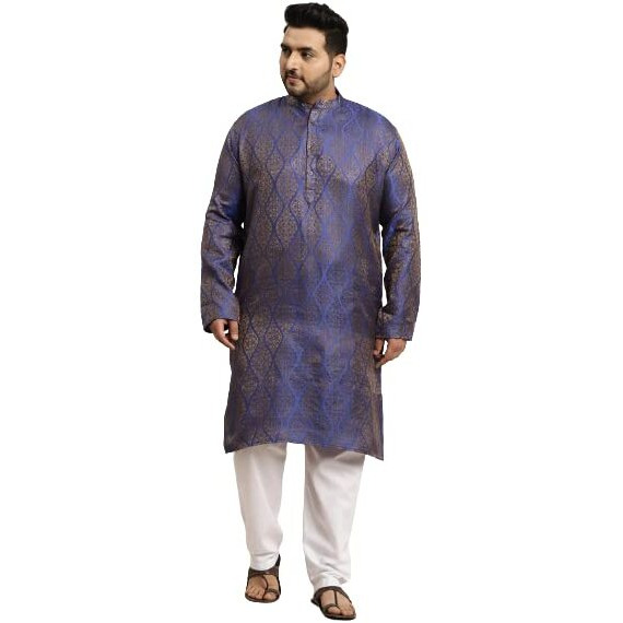 Sojanya (Since 1958 Men's Jacquard Silk Blue & Gold Kurta & Off-White Churidar Pyjama Set Size-5Xl