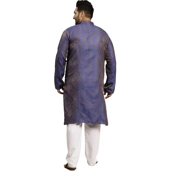 Sojanya (Since 1958 Men's Jacquard Silk Blue & Gold Kurta & Off-White Churidar Pyjama Set Size-5Xl