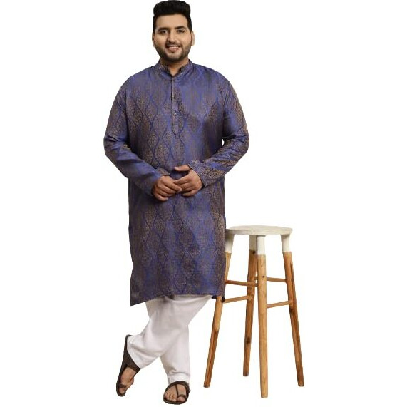 Sojanya (Since 1958 Men's Jacquard Silk Blue & Gold Kurta & Off-White Churidar Pyjama Set Size-5Xl