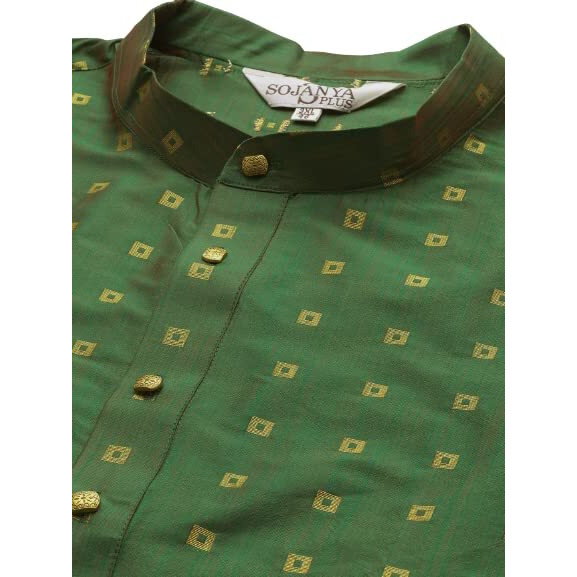 Sojanya Plus (Since 1958) Men's Silk Blend Dark Green Kurta & Cotton Off White Churidar Pyjama Set Size-5Xl