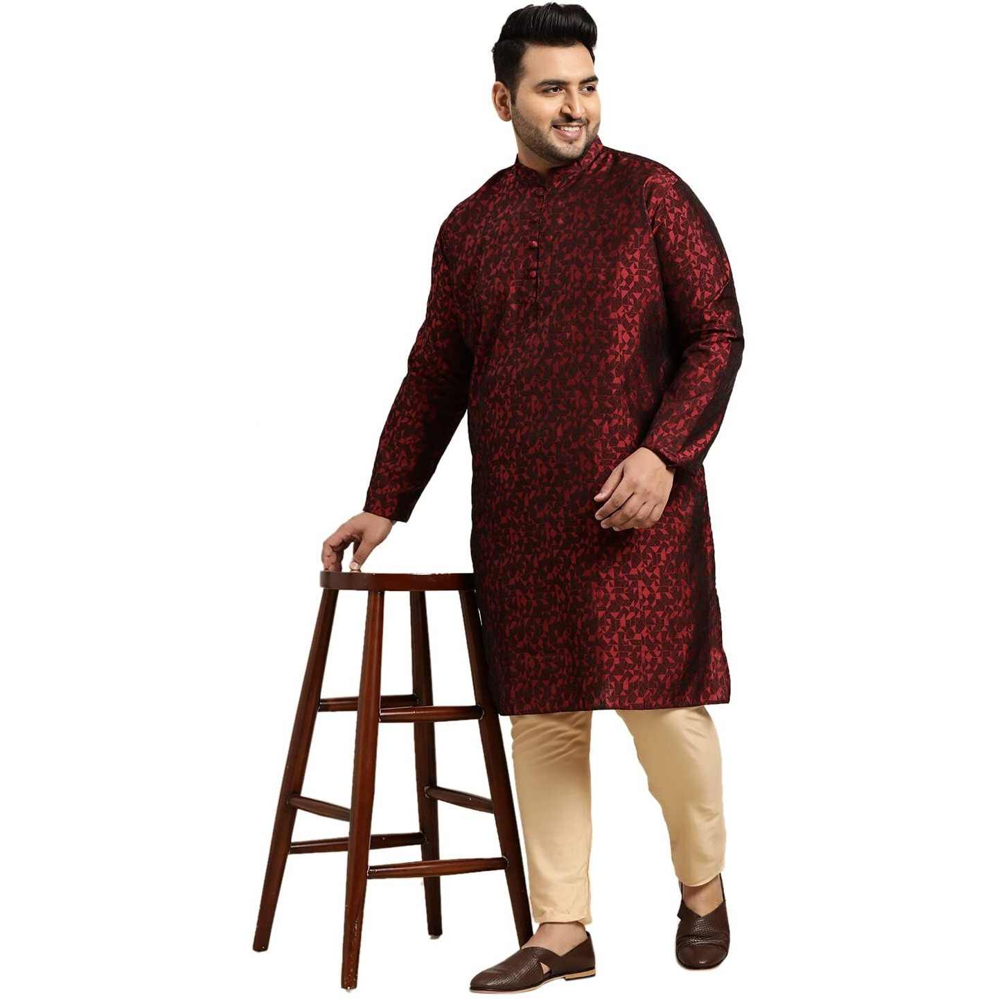 Sojanya Plus (Since 1958) Men's Silk Blend Maroon Self Design Only Long Kurta Size 54