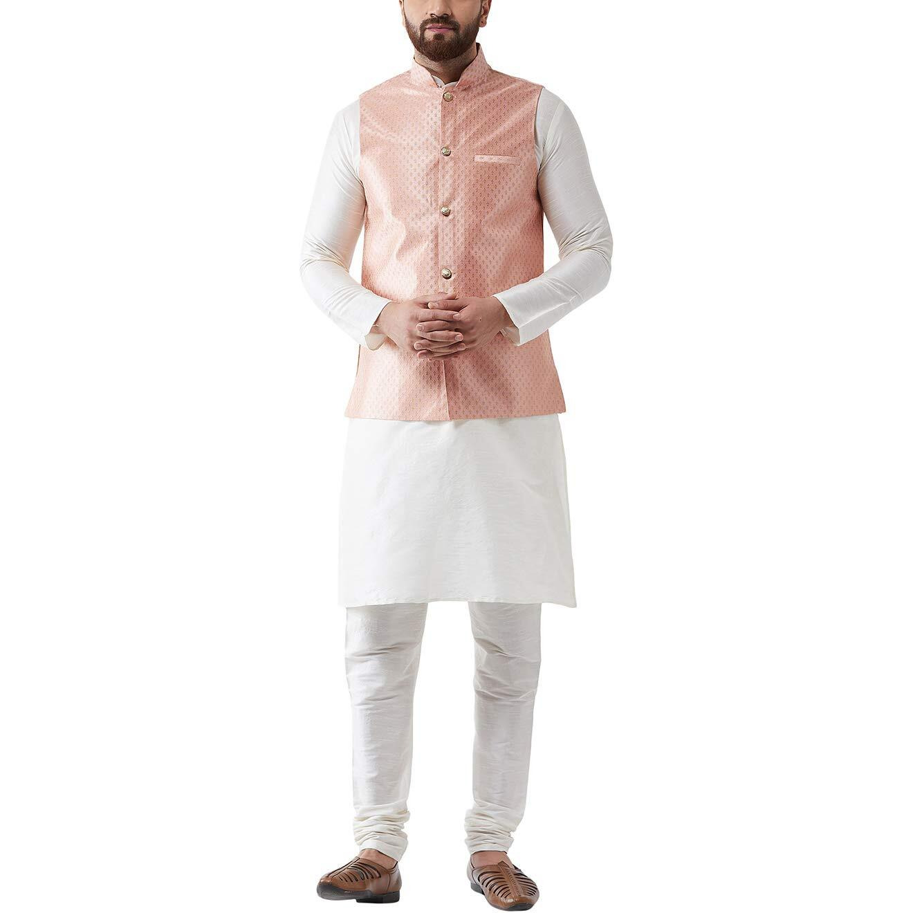 Sojanya (Since 1958 Men's Silk Blend Offwhite Kurta Pyjama & Peach Nehrujacket Combo Size 44