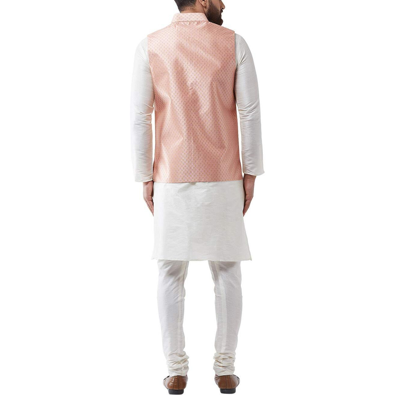 Sojanya (Since 1958 Men's Silk Blend Offwhite Kurta Pyjama & Peach Nehrujacket Combo Size 44