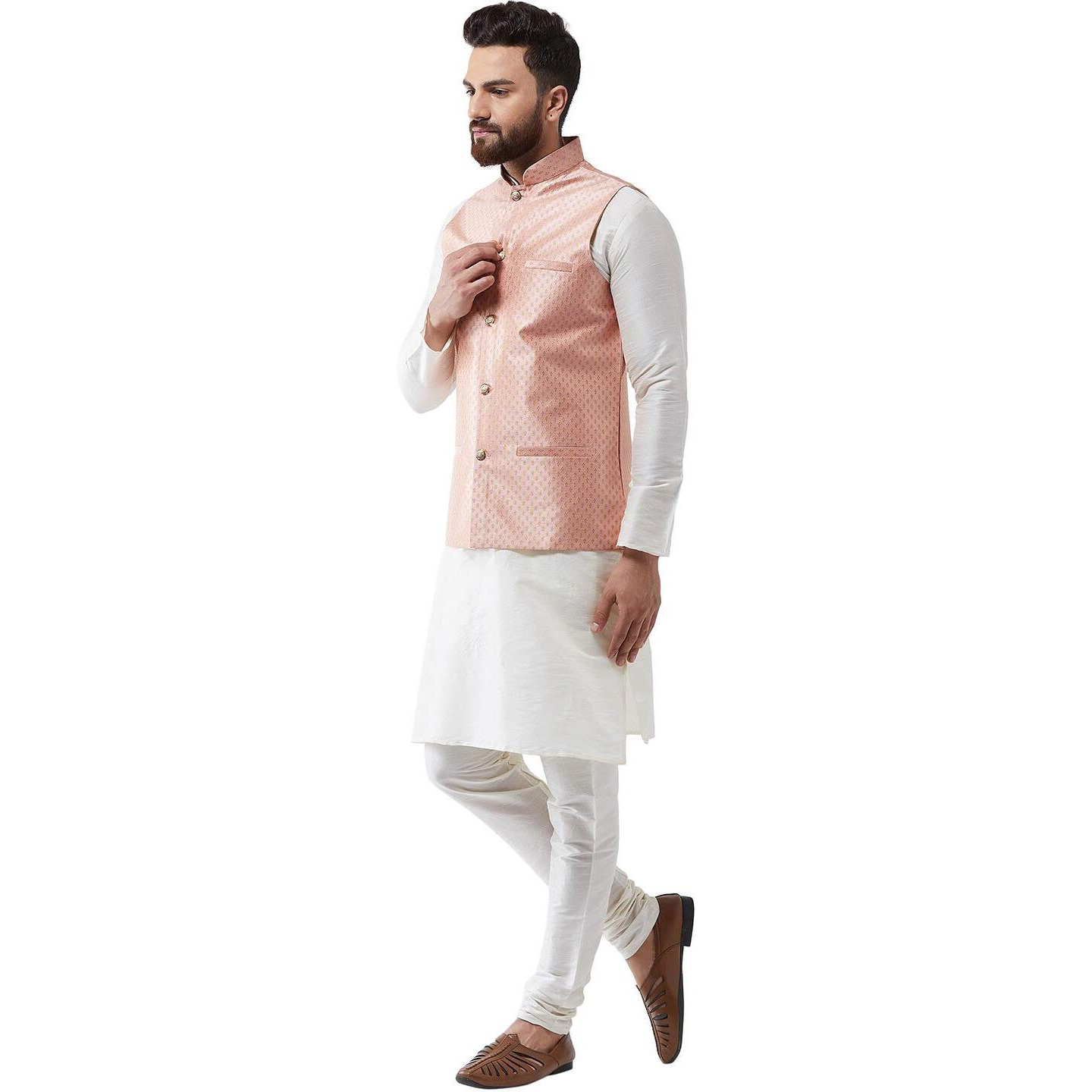 Sojanya (Since 1958 Men's Silk Blend Offwhite Kurta Pyjama & Peach Nehrujacket Combo Size 44