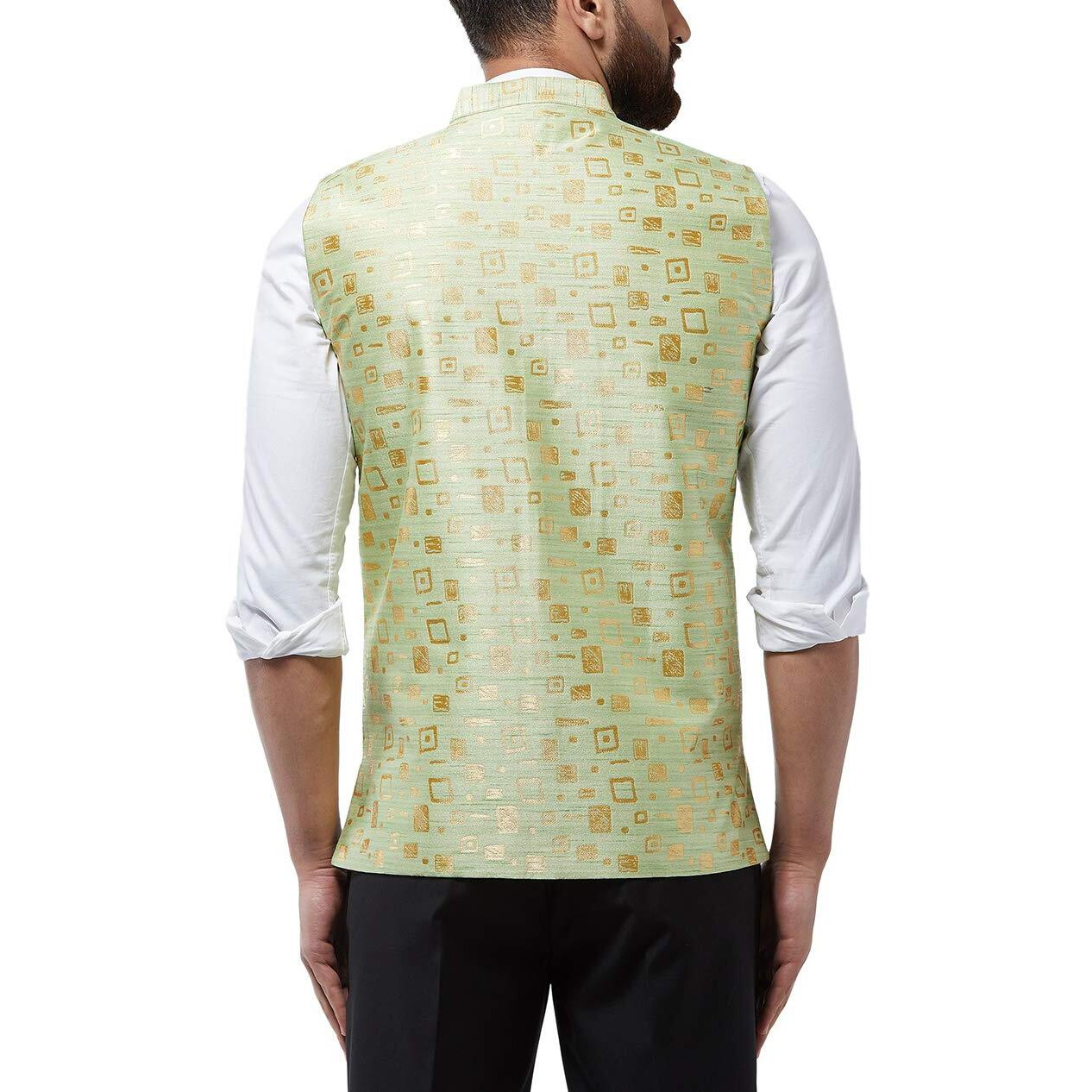 Sojanya (Since 1958 Men's Jacquard Silk Green Designer Nehru Jacket, Size 40