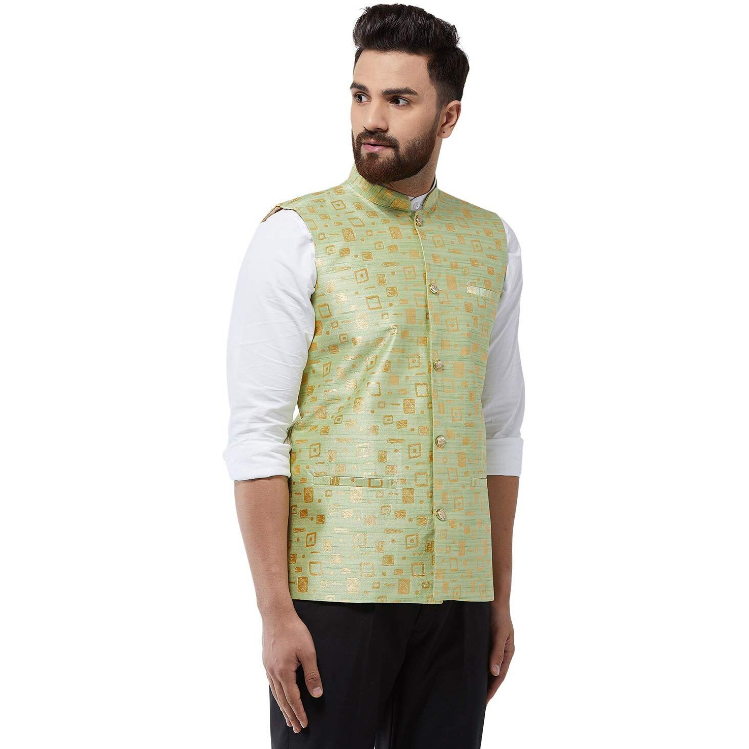 Sojanya (Since 1958 Men's Jacquard Silk Green Designer Nehru Jacket, Size 40