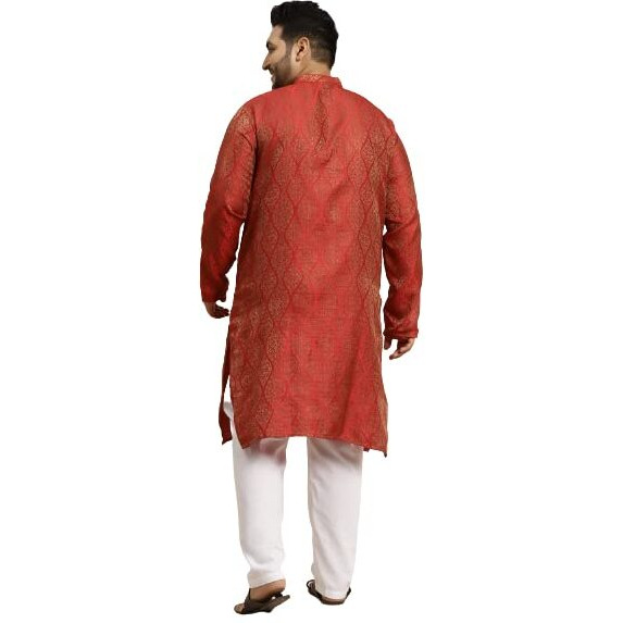 Sojanya (Since 1958 Men's Jacquard Silk Red & Gold Kurta & Off-White Churidar Pyjama Set Size-4Xl