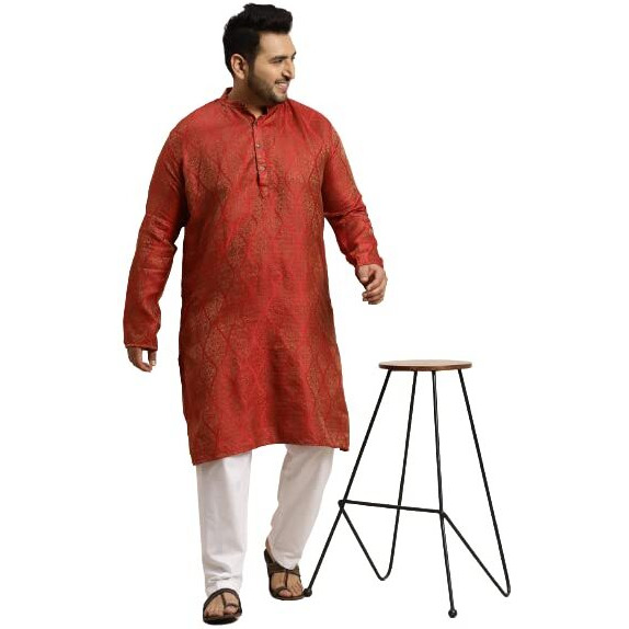 Sojanya (Since 1958 Men's Jacquard Silk Red & Gold Kurta & Off-White Churidar Pyjama Set Size-4Xl