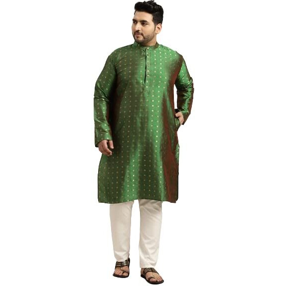 Sojanya Plus (Since 1958) Men's Silk Blend Dark Green Kurta & Cotton Off White Churidar Pyjama Set Size-4Xl