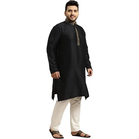 Sojanya (Since 1958 Men's Silk Blend Black Kurta & Mustard Nehrujacket Off White Churidar Set Size-5Xl