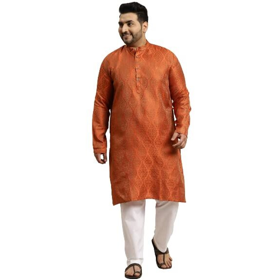 Sojanya Plus Men's Jacquard Silk Orange & Gold Kurta & Off-White Churidar Pyjama Set Size-Xxl