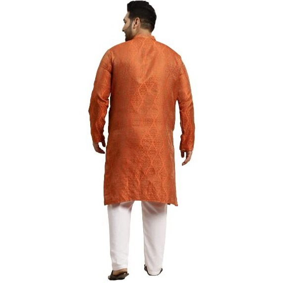 Sojanya Plus Men's Jacquard Silk Orange & Gold Kurta & Off-White Churidar Pyjama Set Size-Xxl