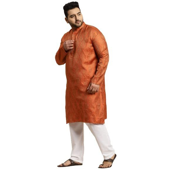 Sojanya Plus Men's Jacquard Silk Orange & Gold Kurta & Off-White Churidar Pyjama Set Size-Xxl