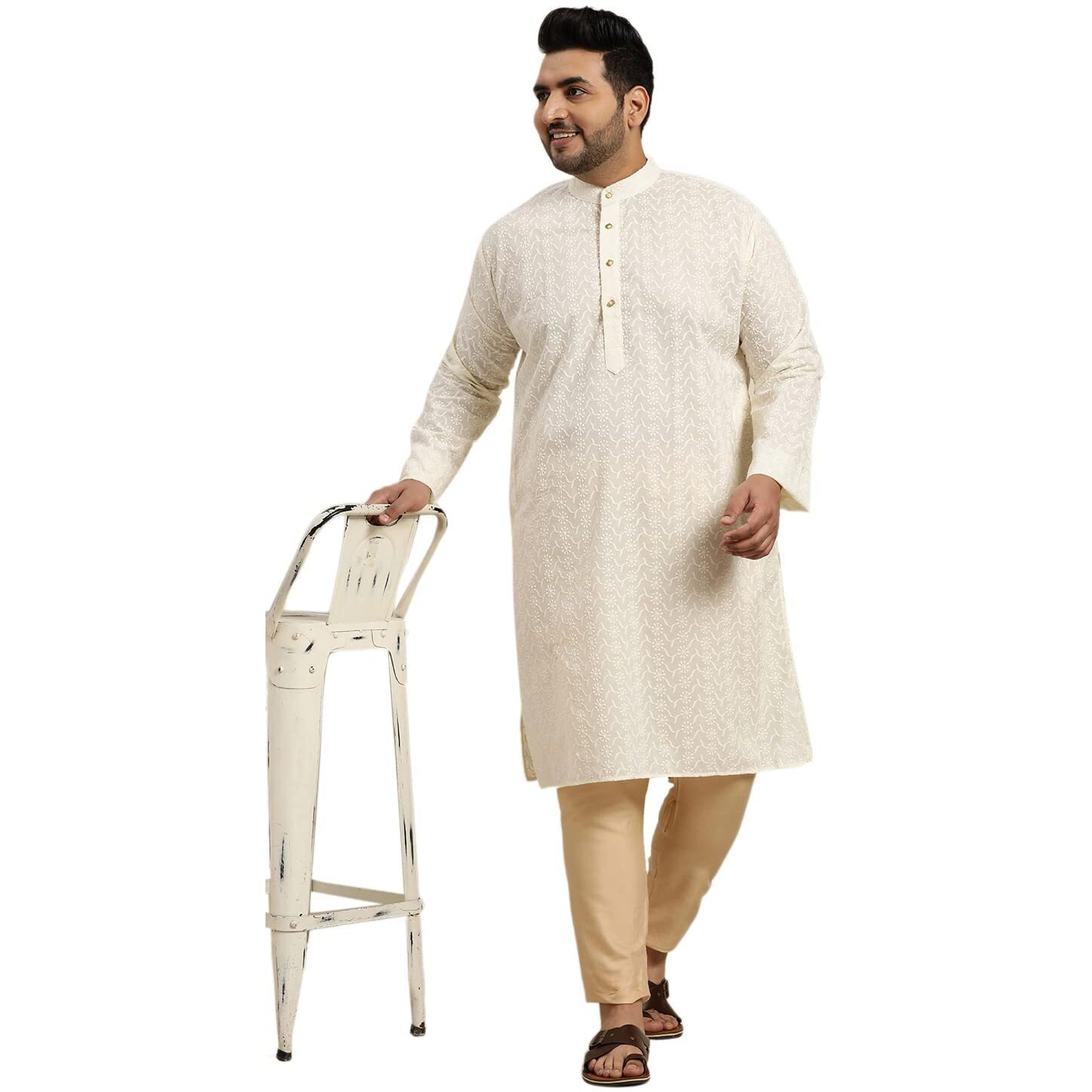 Sojanya Plus (Since 1958) Men's 100% Cotton Cream Chikankari Kurta Size 54