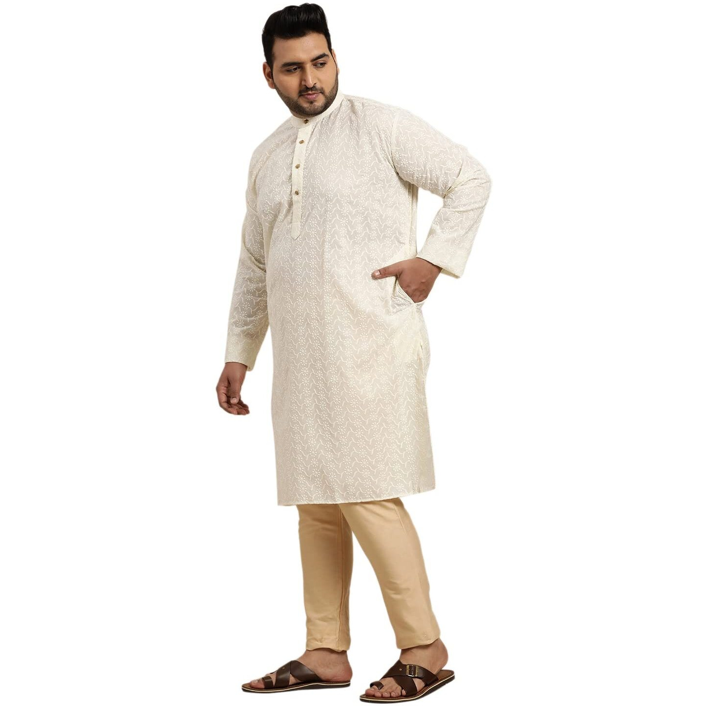 Sojanya Plus (Since 1958) Men's 100% Cotton Cream Chikankari Kurta Size 54
