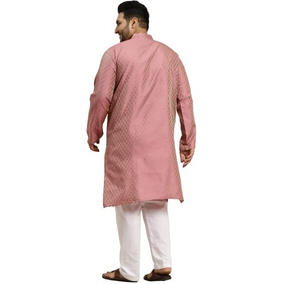Sojanya (Since 1958 Men's Jacquard Silk Pink Self Design Kurta & Off-White Churidar Pyjama Set Size-4Xl