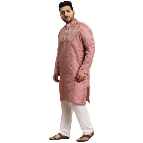Sojanya (Since 1958 Men's Jacquard Silk Pink Self Design Kurta & Off-White Churidar Pyjama Set Size-4Xl