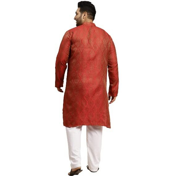 Sojanya Plus (Since 1958) Men's Jacquard Silk Red & Gold Only Long Kurta-Size 50