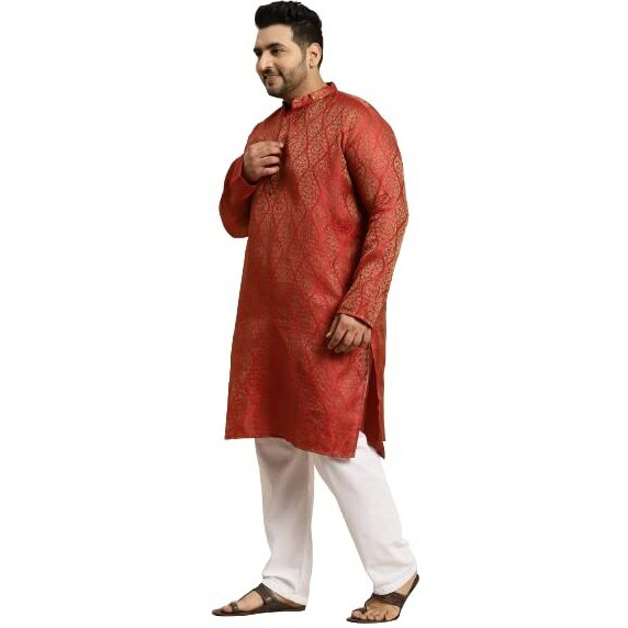 Sojanya Plus (Since 1958) Men's Jacquard Silk Red & Gold Only Long Kurta-Size 50
