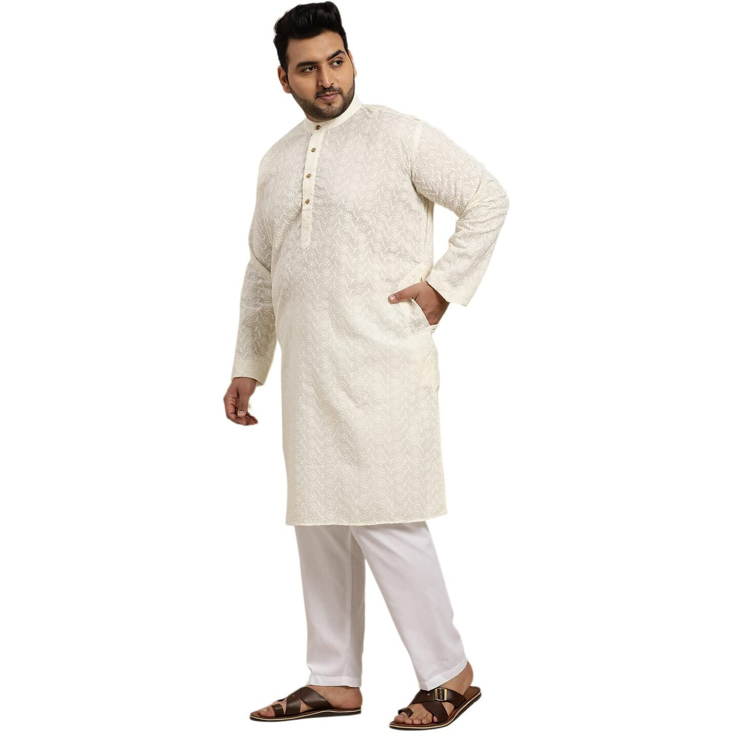 Sojanya Plus (Since 1958) Men's 100% Cotton Cream Chikankari Kurta & Off-White Churidaar Pyjama Size 46