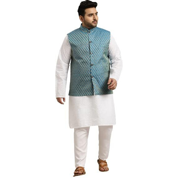 Sojanya (Since 1958 Men's Pure Cotton White Chikankari Kurta & Peacock Blue Nehrujacket With White Churidaar Pyjama Set Size-7Xl