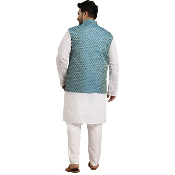 Sojanya (Since 1958 Men's Pure Cotton White Chikankari Kurta & Peacock Blue Nehrujacket With White Churidaar Pyjama Set Size-7Xl