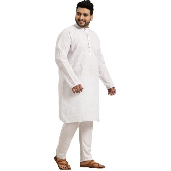 Sojanya (Since 1958 Men's Pure Cotton White Chikankari Kurta & Peacock Blue Nehrujacket With White Churidaar Pyjama Set Size-7Xl