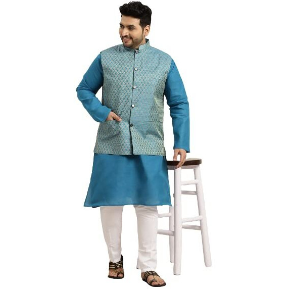 Sojanya (Since 1958 Men's Cotton Peacock Blue Kurta & Peacock Blue Nehrujacket With White Churidar Pyjama Set Size-4Xl