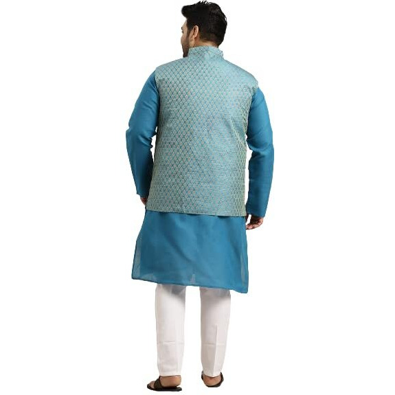 Sojanya (Since 1958 Men's Cotton Peacock Blue Kurta & Peacock Blue Nehrujacket With White Churidar Pyjama Set Size-4Xl