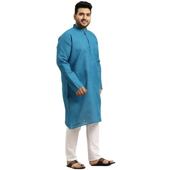 Sojanya (Since 1958 Men's Cotton Peacock Blue Kurta & Peacock Blue Nehrujacket With White Churidar Pyjama Set Size-4Xl