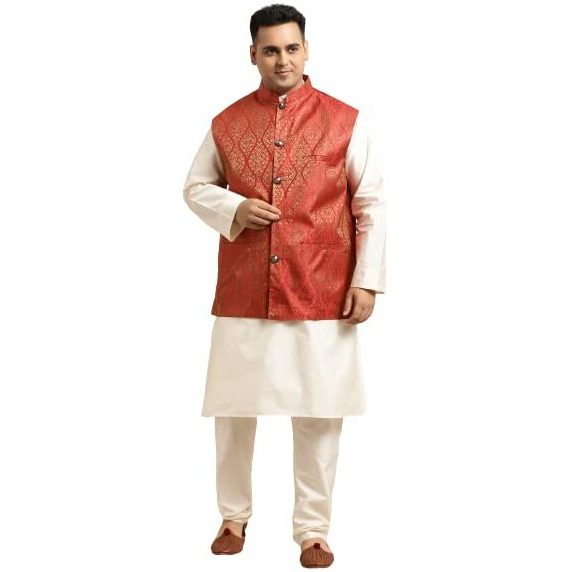 Sojanya (Since 1958 Men's Silk Blend Off White Kurta & Churidaar Pyjama Set Red Nehrujacket Set Size-5Xl