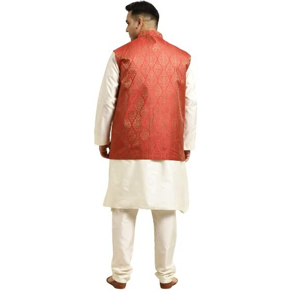 Sojanya (Since 1958 Men's Silk Blend Off White Kurta & Churidaar Pyjama Set Red Nehrujacket Set Size-5Xl